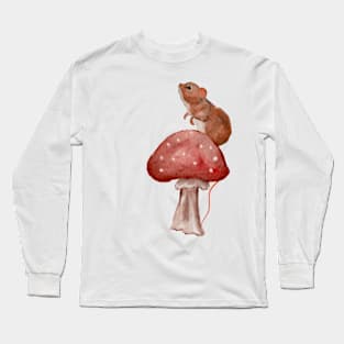 Cute Baby Mouse on Redcap Mushroom Watercolor Long Sleeve T-Shirt